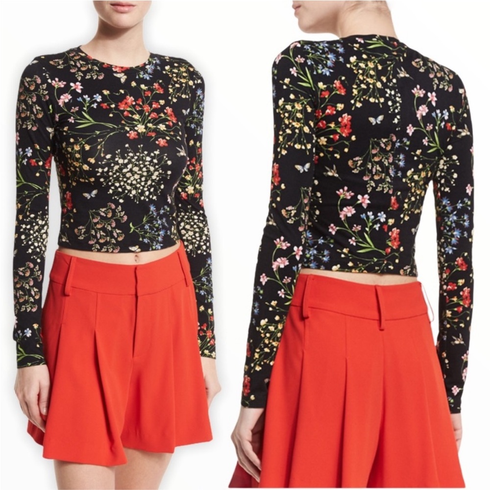 Alice + Olivia Delaina Black Floral Cropped Top Small